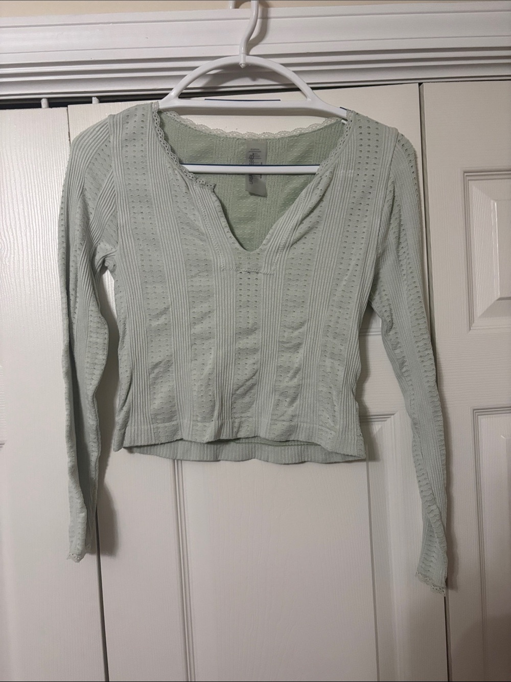 Sage Green Long-Sleeve V-Neck Knit Top